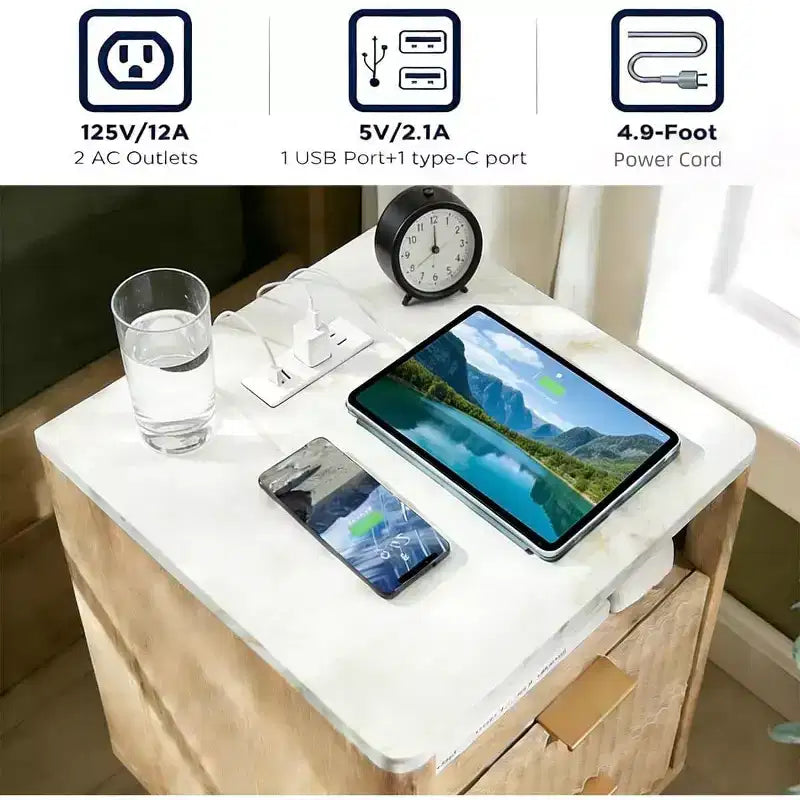 Comodino 3 in 1 con 2 cassetti, moderno con angoli curvi, per soggiorno o camera da letto