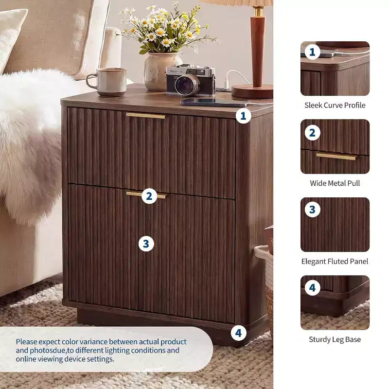 Fluted Nightstand, Mid Century Nightstand, Modern End Table, Curved Profile, for Bedroom, Living Room