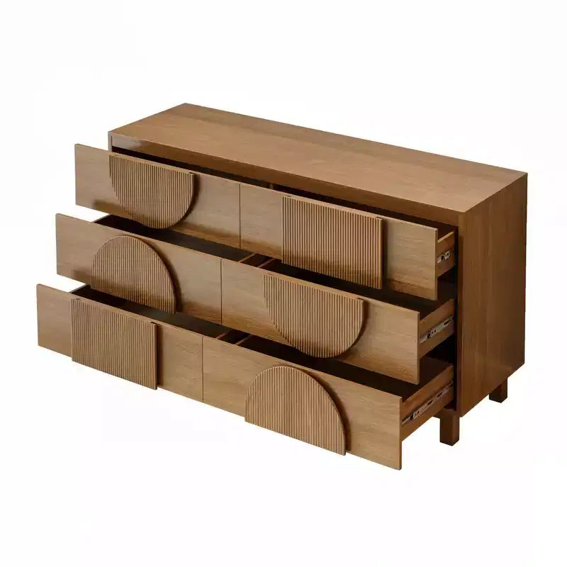 Cassettiera moderna con motivi geometrici e cassetti, ampia, con dettagli semicircolari, per camera da letto e soggiorno