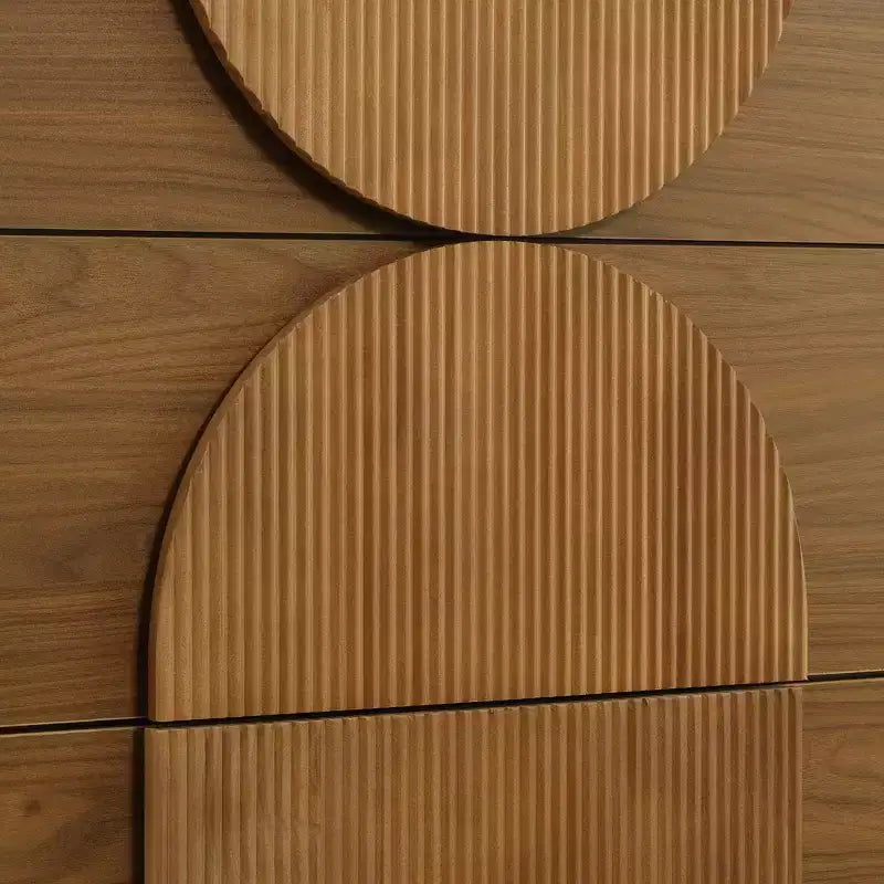 Cassettiera moderna con motivi geometrici e cassetti, ampia, con dettagli semicircolari, per camera da letto e soggiorno