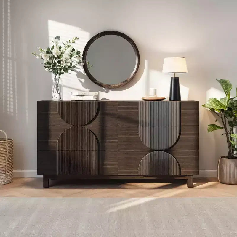 Cassettiera moderna con motivi geometrici e cassetti, ampia, con dettagli semicircolari, per camera da letto e soggiorno
