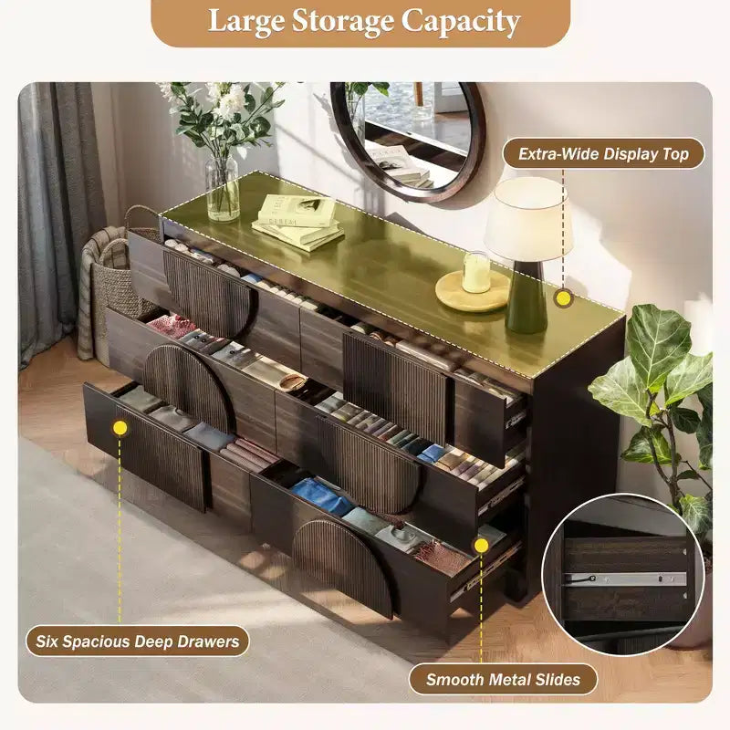 Cassettiera moderna con motivi geometrici e cassetti, ampia, con dettagli semicircolari, per camera da letto e soggiorno