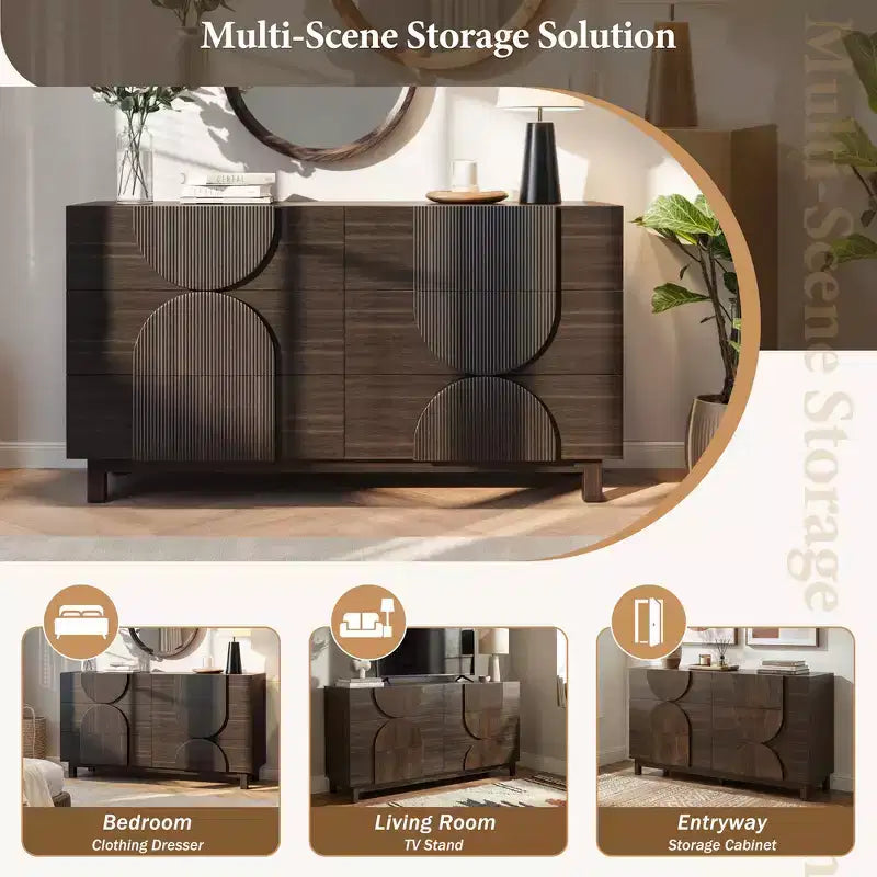 Cassettiera moderna con motivi geometrici e cassetti, ampia, con dettagli semicircolari, per camera da letto e soggiorno