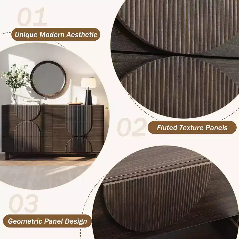 Cassettiera moderna con motivi geometrici e cassetti, ampia, con dettagli semicircolari, per camera da letto e soggiorno