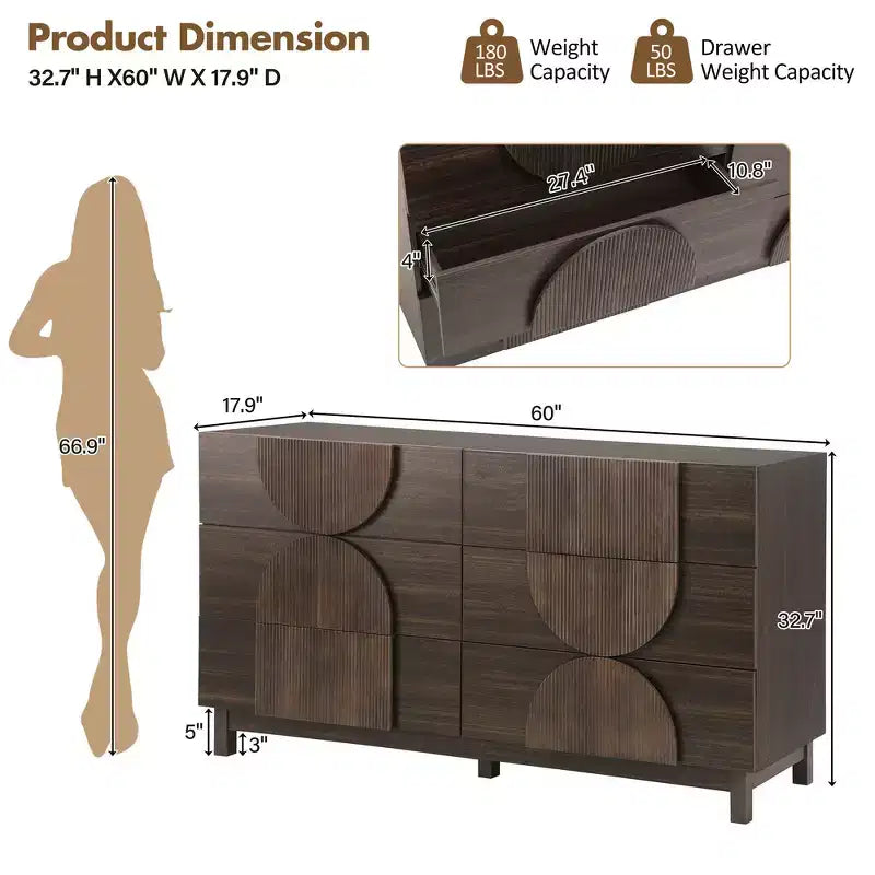 Cassettiera moderna con motivi geometrici e cassetti, ampia, con dettagli semicircolari, per camera da letto e soggiorno