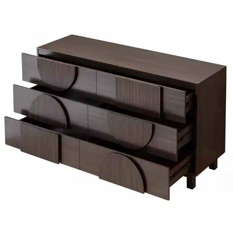 Cassettiera moderna con motivi geometrici e cassetti, ampia, con dettagli semicircolari, per camera da letto e soggiorno
