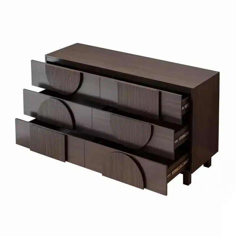 Cassettiera moderna con motivi geometrici e cassetti, ampia, con dettagli semicircolari, per camera da letto e soggiorno