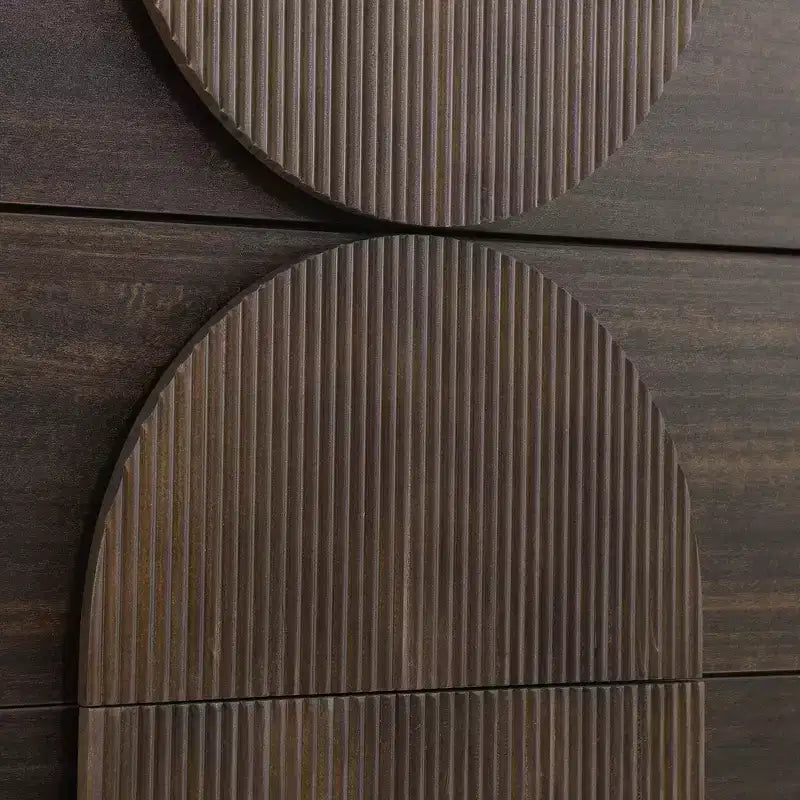 Cassettiera moderna con motivi geometrici e cassetti, ampia, con dettagli semicircolari, per camera da letto e soggiorno