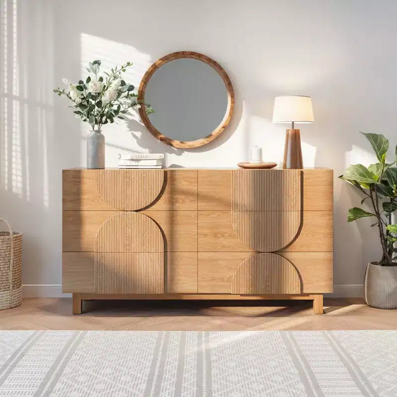 Cassettiera moderna con motivi geometrici e cassetti, ampia, con dettagli semicircolari, per camera da letto e soggiorno