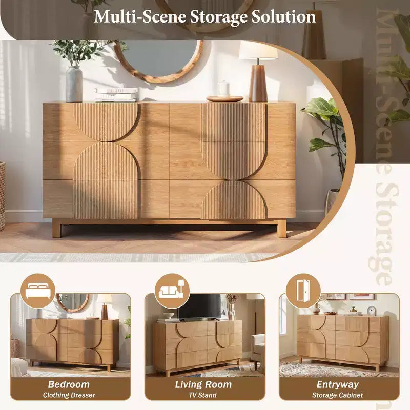 Cassettiera moderna con motivi geometrici e cassetti, ampia, con dettagli semicircolari, per camera da letto e soggiorno
