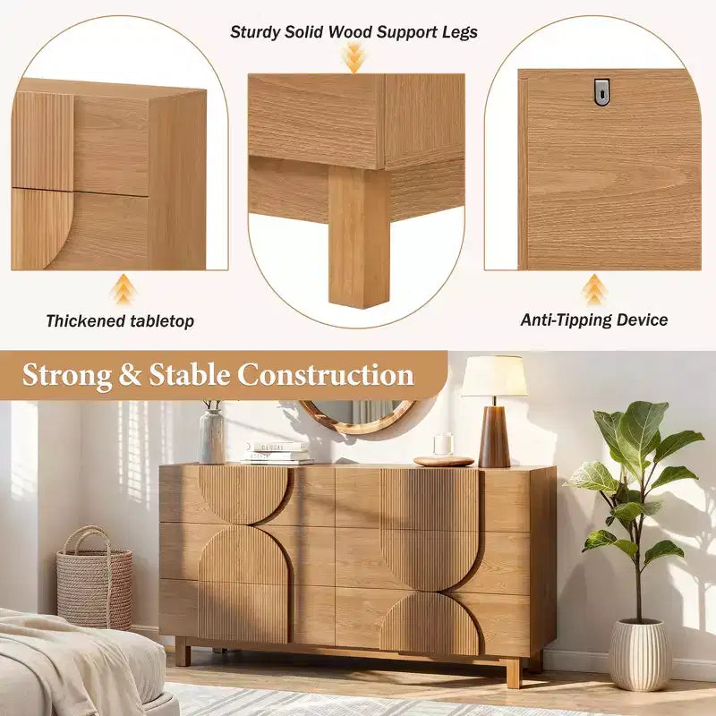 Cassettiera moderna con motivi geometrici e cassetti, ampia, con dettagli semicircolari, per camera da letto e soggiorno
