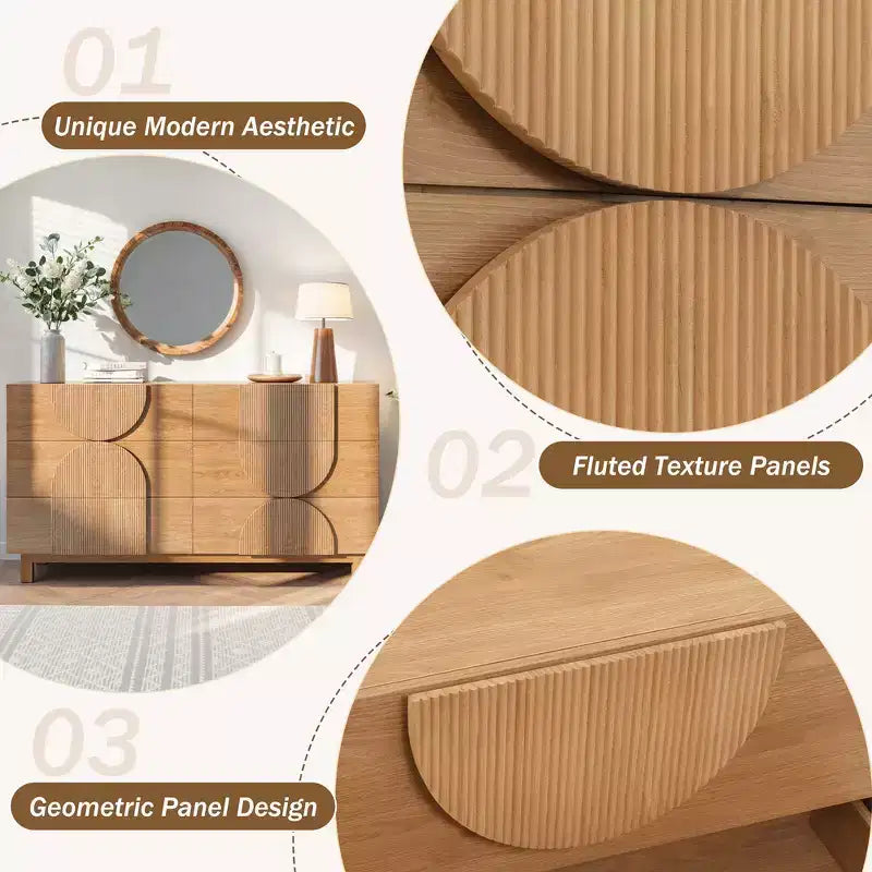 Cassettiera moderna con motivi geometrici e cassetti, ampia, con dettagli semicircolari, per camera da letto e soggiorno