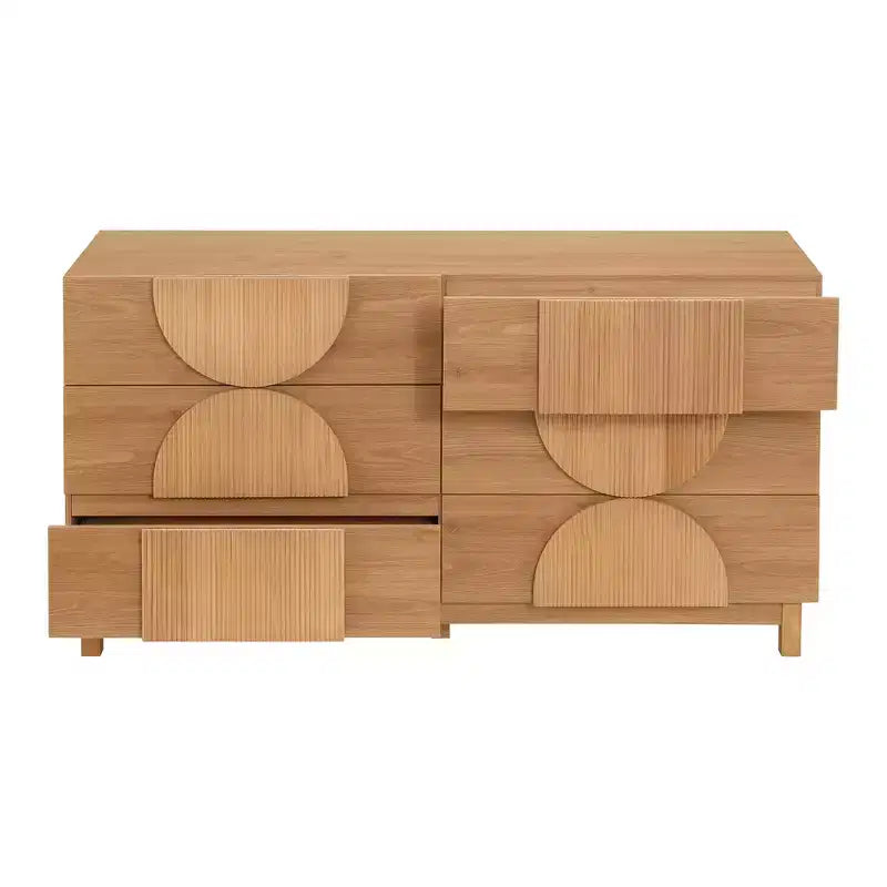 Cassettiera moderna con motivi geometrici e cassetti, ampia, con dettagli semicircolari, per camera da letto e soggiorno