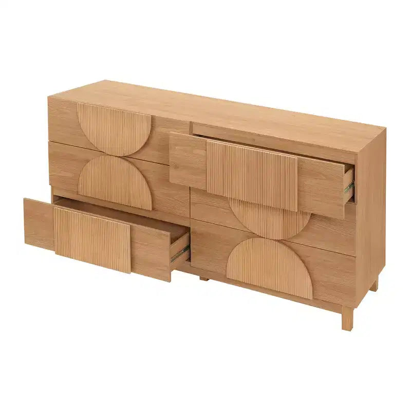 Cassettiera moderna con motivi geometrici e cassetti, ampia, con dettagli semicircolari, per camera da letto e soggiorno