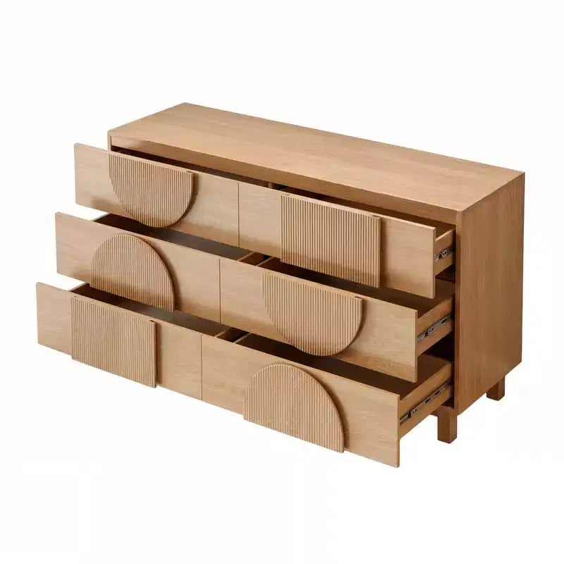 Cassettiera moderna con motivi geometrici e cassetti, ampia, con dettagli semicircolari, per camera da letto e soggiorno