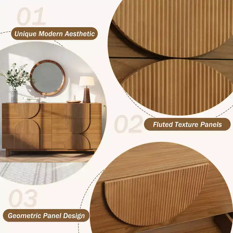 Cassettiera moderna con motivi geometrici e cassetti, ampia, con dettagli semicircolari, per camera da letto e soggiorno