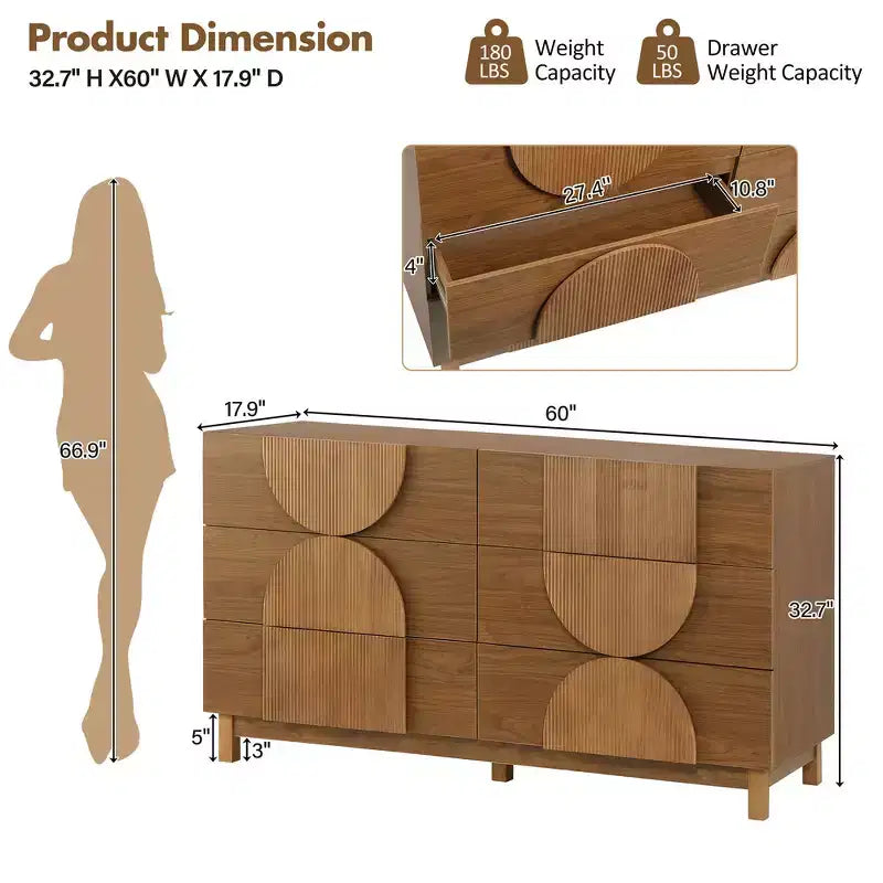 Cassettiera moderna con motivi geometrici e cassetti, ampia, con dettagli semicircolari, per camera da letto e soggiorno
