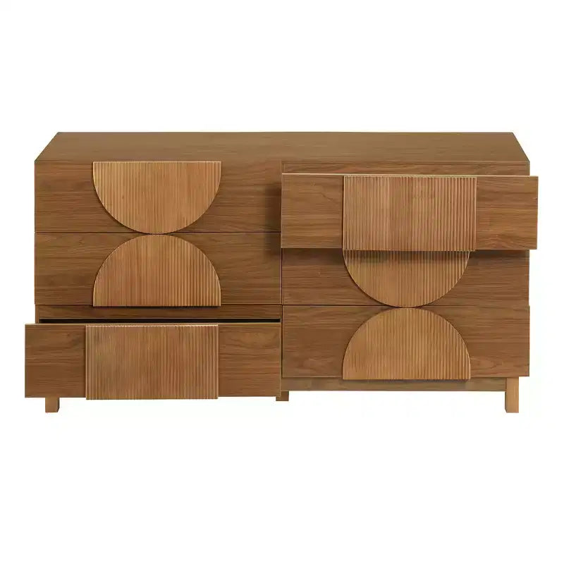 Cassettiera moderna con motivi geometrici e cassetti, ampia, con dettagli semicircolari, per camera da letto e soggiorno