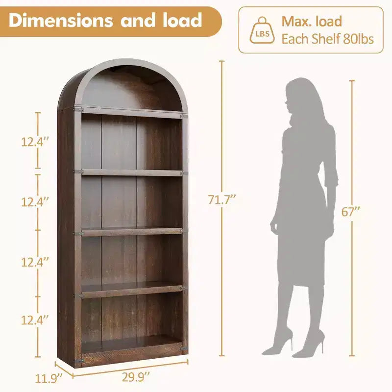 Bookcase 5 Shelf Arched Bookshelf 71.65 in Tall Bookcase Farmhouse Display Storage Rack Wooden Bookshelves for Home Office, Living Room