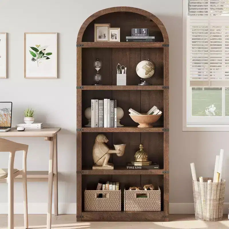 Bookcase 5 Shelf Arched Bookshelf 71.65 in Tall Bookcase Farmhouse Display Storage Rack Wooden Bookshelves for Home Office, Living Room