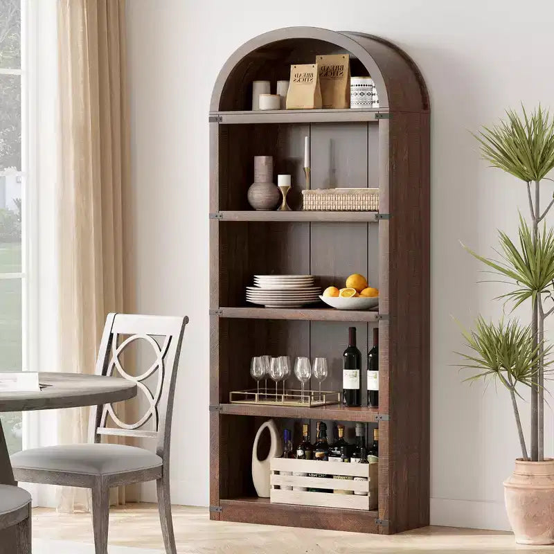 Bookcase 5 Shelf Arched Bookshelf 71.65 in Tall Bookcase Farmhouse Display Storage Rack Wooden Bookshelves for Home Office, Living Room