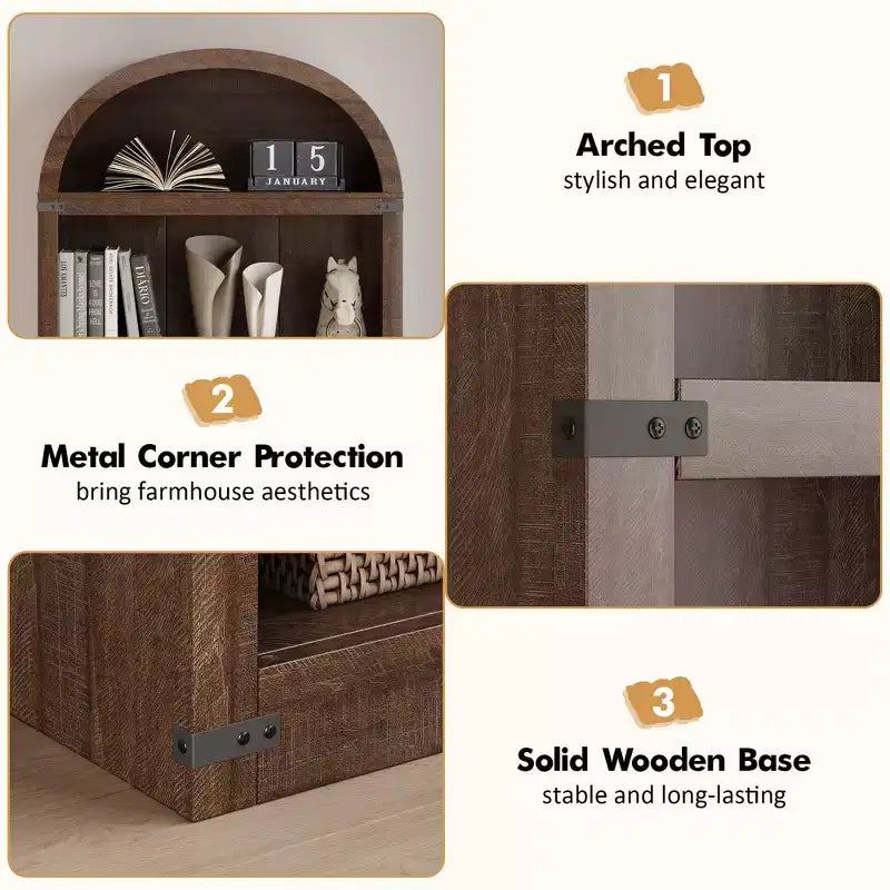 Bookcase 5 Shelf Arched Bookshelf 71.65 in Tall Bookcase Farmhouse Display Storage Rack Wooden Bookshelves for Home Office, Living Room