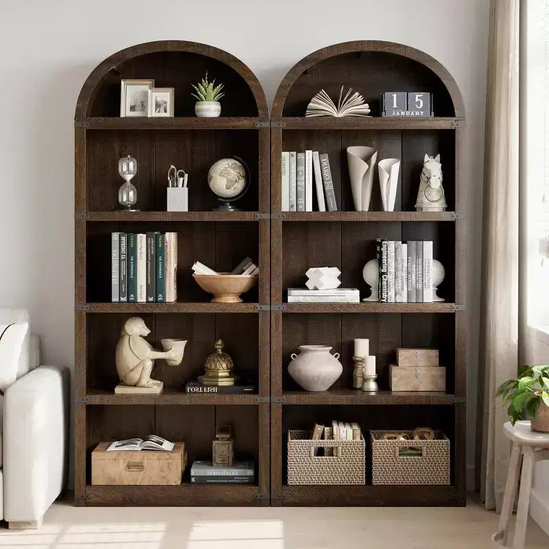Bookcase 5 Shelf Arched Bookshelf 71.65 in Tall Bookcase Farmhouse Display Storage Rack Wooden Bookshelves for Home Office, Living Room