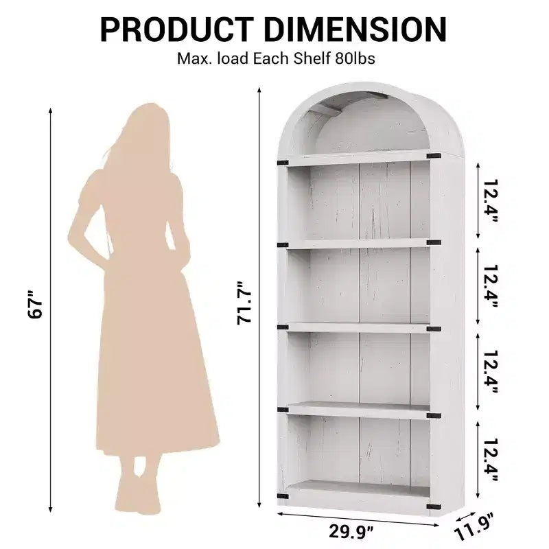 Bookcase 5 Shelf Arched Bookshelf 71.65 in Tall Bookcase Farmhouse Display Storage Rack Wooden Bookshelves for Home Office, Living Room
