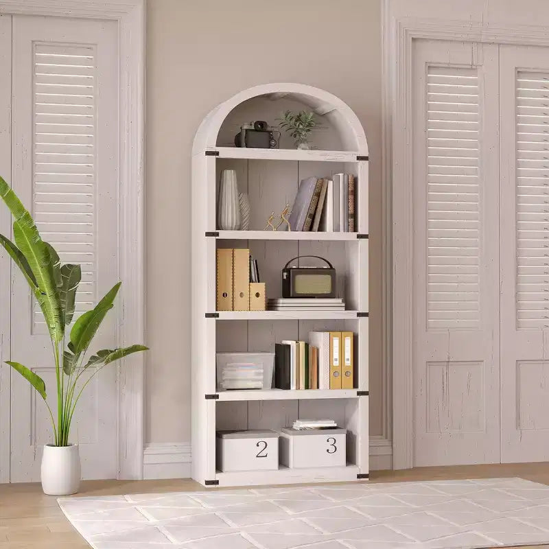 Bookcase 5 Shelf Arched Bookshelf 71.65 in Tall Bookcase Farmhouse Display Storage Rack Wooden Bookshelves for Home Office, Living Room