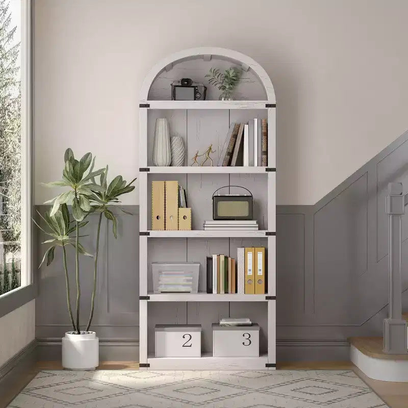 Bookcase 5 Shelf Arched Bookshelf 71.65 in Tall Bookcase Farmhouse Display Storage Rack Wooden Bookshelves for Home Office, Living Room