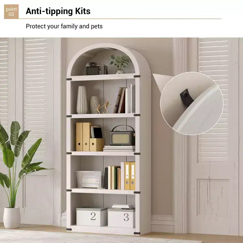 Bookcase 5 Shelf Arched Bookshelf 71.65 in Tall Bookcase Farmhouse Display Storage Rack Wooden Bookshelves for Home Office, Living Room