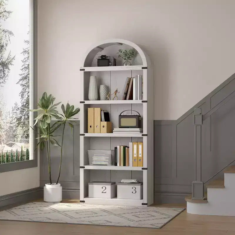 Bookcase 5 Shelf Arched Bookshelf 71.65 in Tall Bookcase Farmhouse Display Storage Rack Wooden Bookshelves for Home Office, Living Room