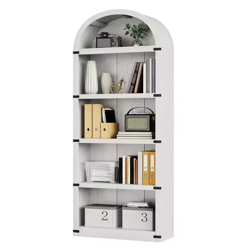 Bookcase 5 Shelf Arched Bookshelf 71.65 in Tall Bookcase Farmhouse Display Storage Rack Wooden Bookshelves for Home Office, Living Room
