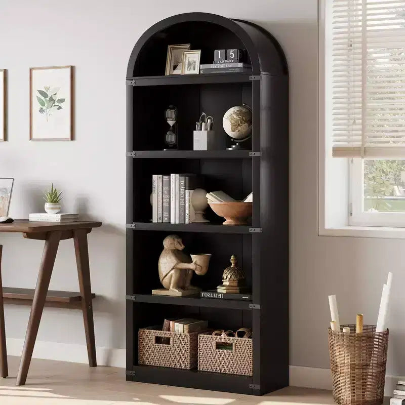 Bookcase 5 Shelf Arched Bookshelf 71.65 in Tall Bookcase Farmhouse Display Storage Rack Wooden Bookshelves for Home Office, Living Room