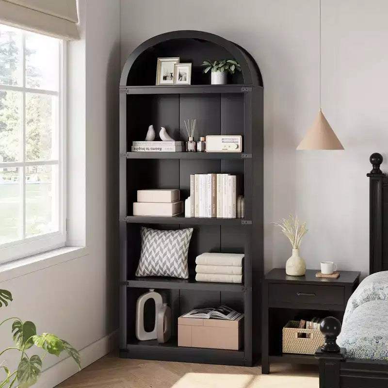 Bookcase 5 Shelf Arched Bookshelf 71.65 in Tall Bookcase Farmhouse Display Storage Rack Wooden Bookshelves for Home Office, Living Room
