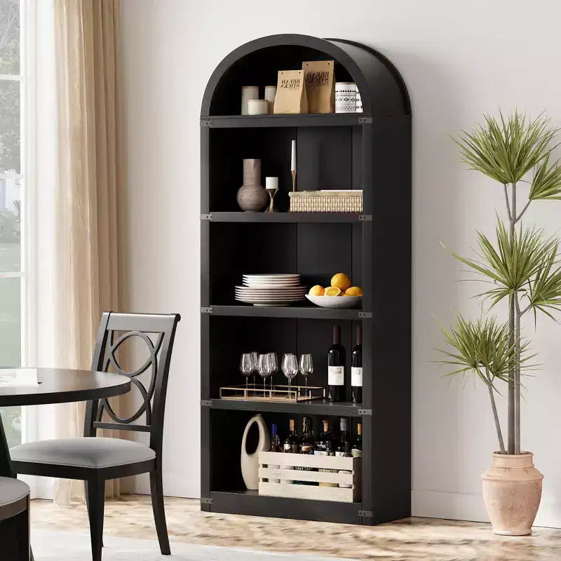 Bookcase 5 Shelf Arched Bookshelf 71.65 in Tall Bookcase Farmhouse Display Storage Rack Wooden Bookshelves for Home Office, Living Room
