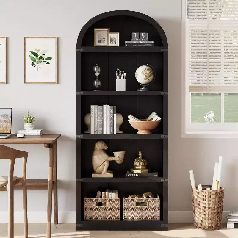 Bookcase 5 Shelf Arched Bookshelf 71.65 in Tall Bookcase Farmhouse Display Storage Rack Wooden Bookshelves for Home Office, Living Room