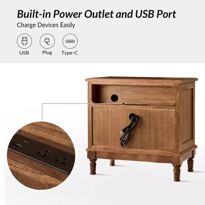 Traditional 2-Drawer Solid Wood End Table with Built-In Outlet
