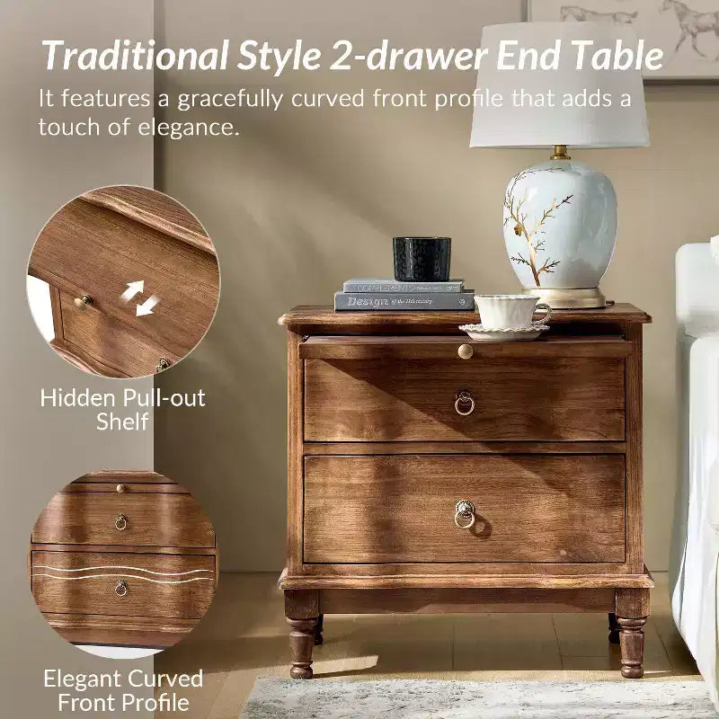 Traditional 2-Drawer Solid Wood End Table with Built-In Outlet