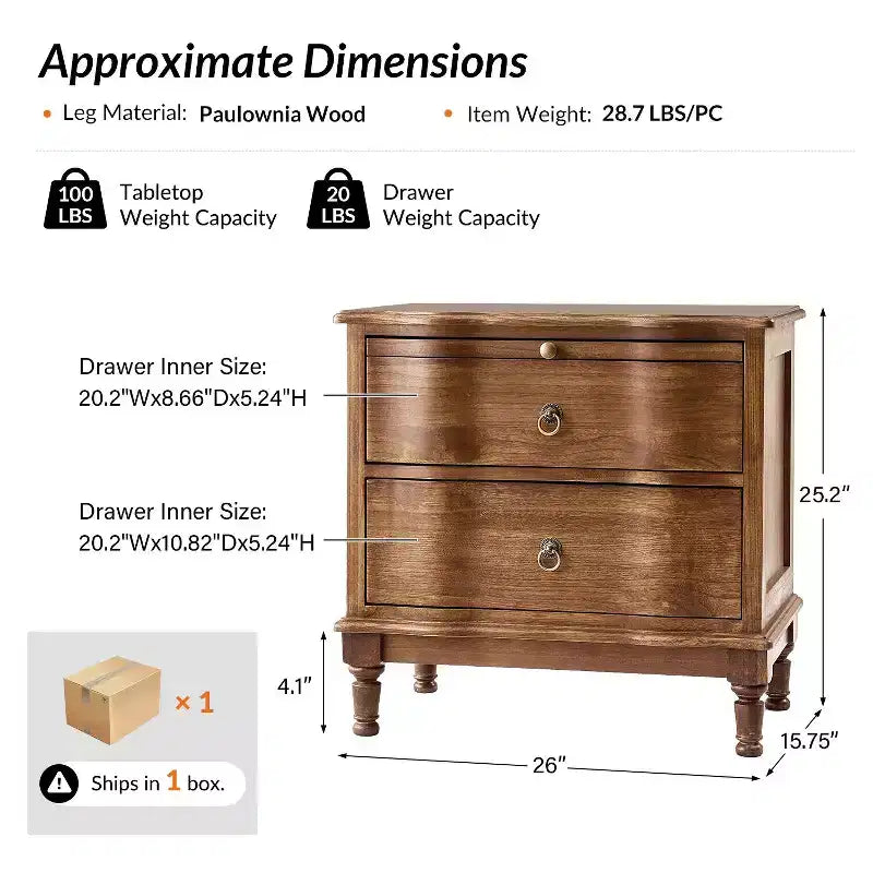 Traditional 2-Drawer Solid Wood End Table with Built-In Outlet