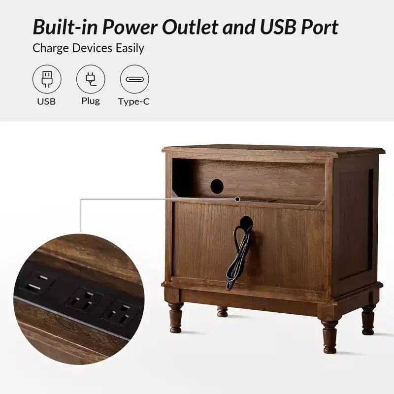 Traditional 2-Drawer Solid Wood End Table with Built-In Outlet