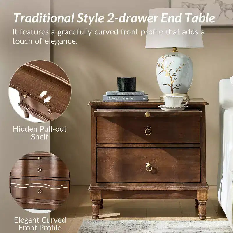 Traditional 2-Drawer Solid Wood End Table with Built-In Outlet