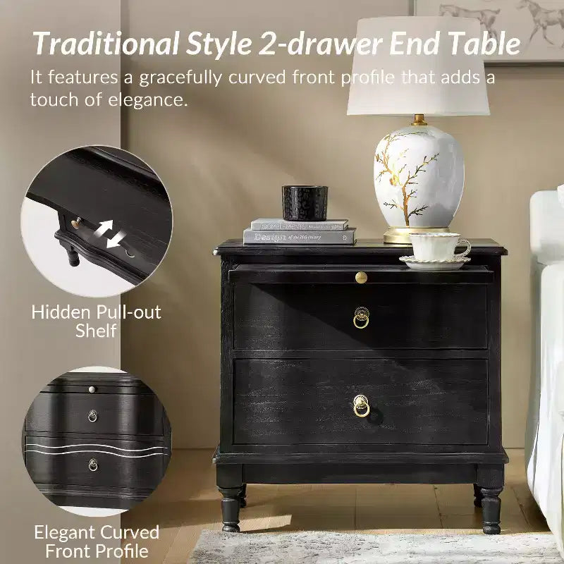 Traditional 2-Drawer Solid Wood End Table with Built-In Outlet