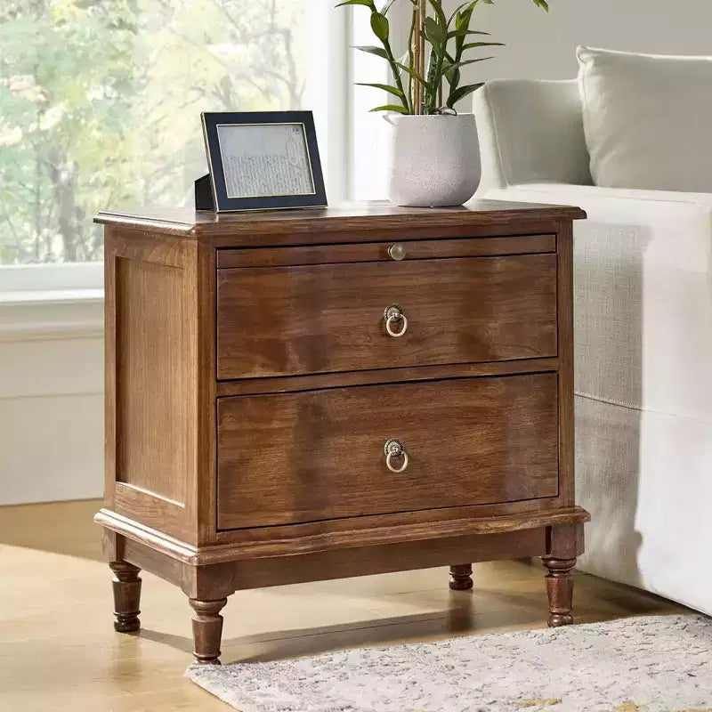Traditional 2-Drawer Solid Wood End Table with Built-In Outlet