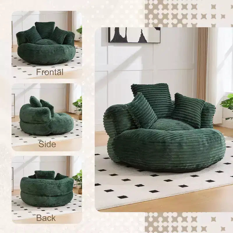 Divano a sacco per adulti e bambini, poltrona oversize in velluto a coste con 3 cuscini e bracciolo per soggiorno o camera da letto