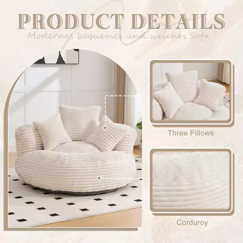 Divano a sacco per adulti e bambini, poltrona oversize in velluto a coste con 3 cuscini e bracciolo per soggiorno o camera da letto