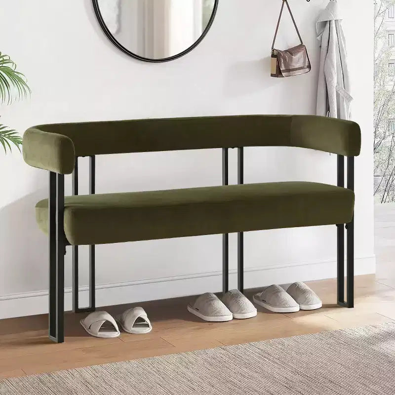 Panca moderna da 49 con schienale e braccioli, elegante panca da pranzo, divanetto a 2 posti con struttura in metallo, seduta d'accento per il soggiorno