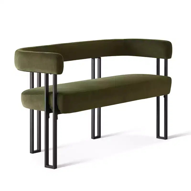 Panca moderna da 49 con schienale e braccioli, elegante panca da pranzo, divanetto a 2 posti con struttura in metallo, seduta d'accento per il soggiorno