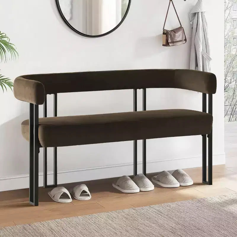 Panca moderna da 49 con schienale e braccioli, elegante panca da pranzo, divanetto a 2 posti con struttura in metallo, seduta d'accento per il soggiorno