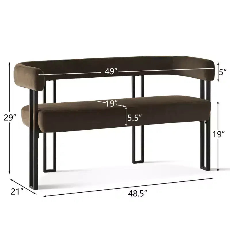 Panca moderna da 49 con schienale e braccioli, elegante panca da pranzo, divanetto a 2 posti con struttura in metallo, seduta d'accento per il soggiorno